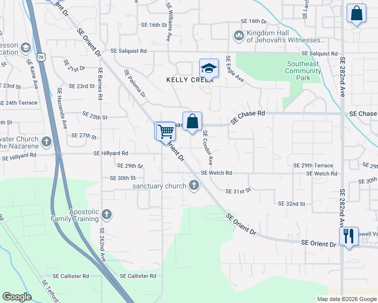 map of restaurants, bars, coffee shops, grocery stores, and more near 2813 Southeast Baker Avenue in Gresham