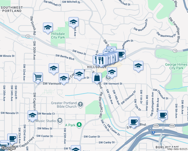 map of restaurants, bars, coffee shops, grocery stores, and more near 6388 Southwest Capitol Highway in Portland