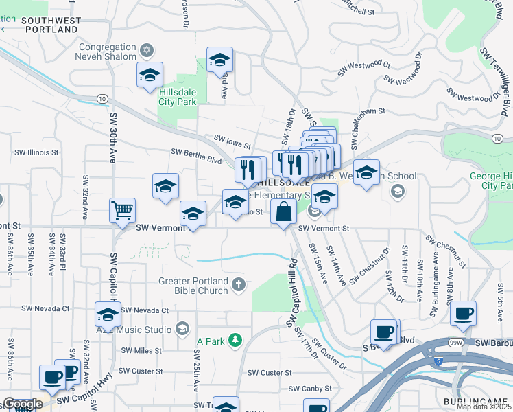 map of restaurants, bars, coffee shops, grocery stores, and more near 1936 Southwest Nebraska Street in Portland