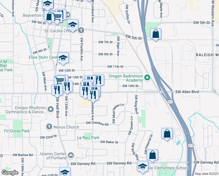 map of restaurants, bars, coffee shops, grocery stores, and more near 11755 Southwest Allen Boulevard in Beaverton