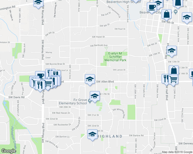 map of restaurants, bars, coffee shops, grocery stores, and more near in Beaverton