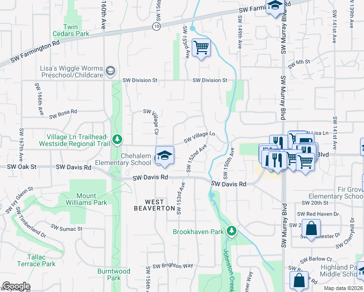 map of restaurants, bars, coffee shops, grocery stores, and more near 15402 Southwest Village Lane in Beaverton