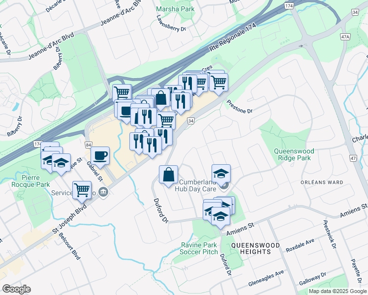 map of restaurants, bars, coffee shops, grocery stores, and more near 241 Kennedy Lane West in Ottawa