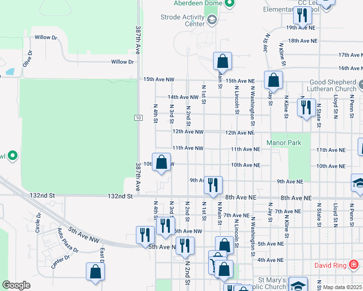 map of restaurants, bars, coffee shops, grocery stores, and more near 1101 North 2nd Street in Aberdeen