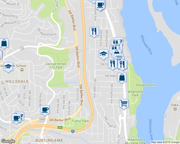 map of restaurants, bars, coffee shops, grocery stores, and more near 6524 Southwest View Point Terrace in Portland