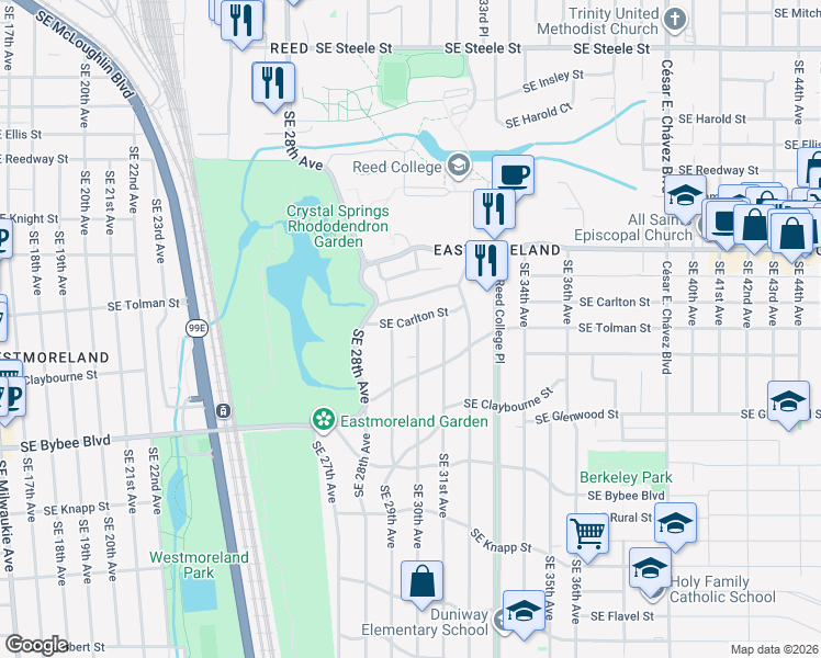 map of restaurants, bars, coffee shops, grocery stores, and more near 2930 Southeast Carlton Street in Portland