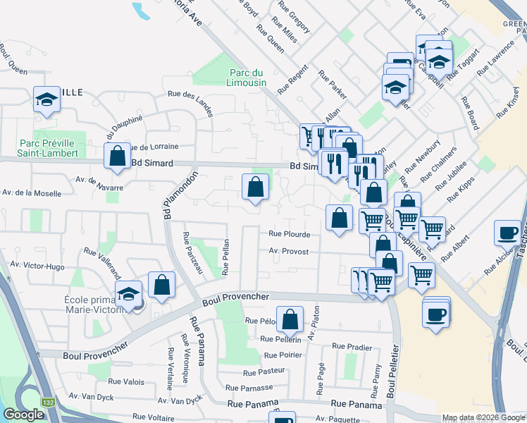 map of restaurants, bars, coffee shops, grocery stores, and more near 368 Rue d'Orléans in Saint-Lambert