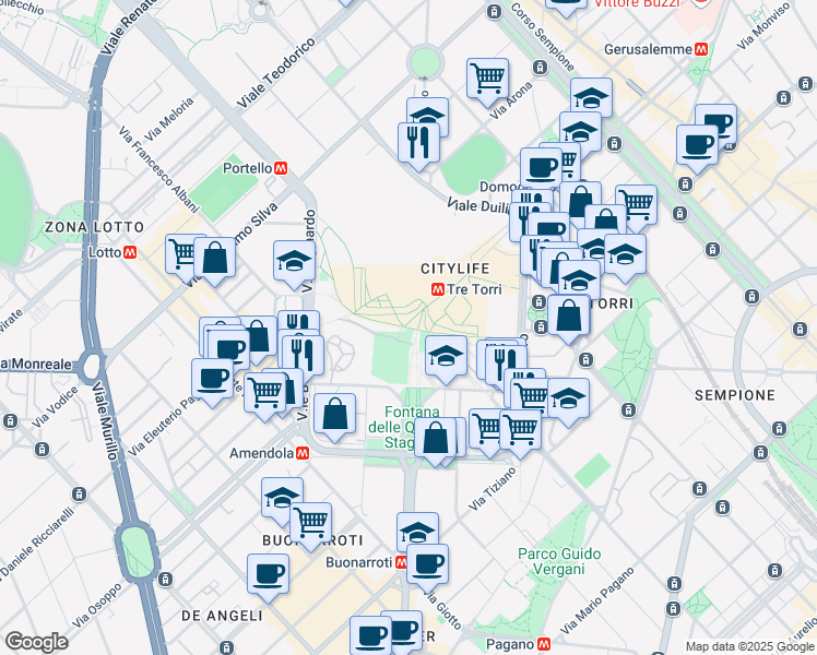 map of restaurants, bars, coffee shops, grocery stores, and more near Via Demetrio Stratos in Milano