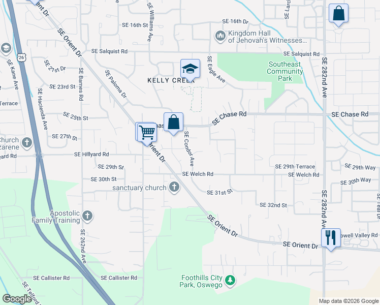 map of restaurants, bars, coffee shops, grocery stores, and more near 2817 Southeast Condor Avenue in Gresham