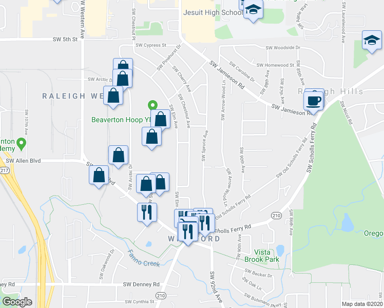 map of restaurants, bars, coffee shops, grocery stores, and more near 5950 Southwest Chestnut Avenue in Beaverton