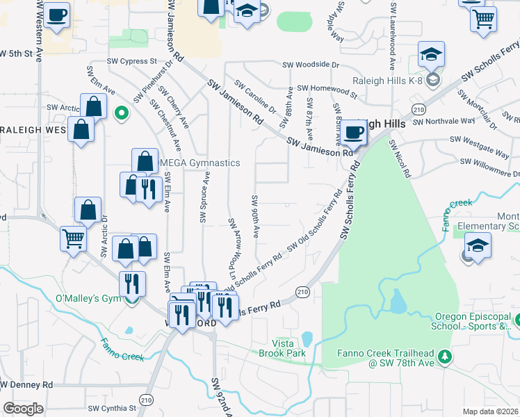 map of restaurants, bars, coffee shops, grocery stores, and more near 5970 Southwest 90th Avenue in Portland