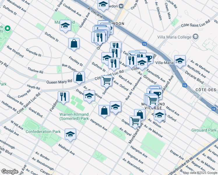 map of restaurants, bars, coffee shops, grocery stores, and more near 4632 Avenue Harvard in Montréal