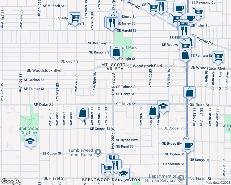 map of restaurants, bars, coffee shops, grocery stores, and more near 7217 Southeast Henry Street in Portland
