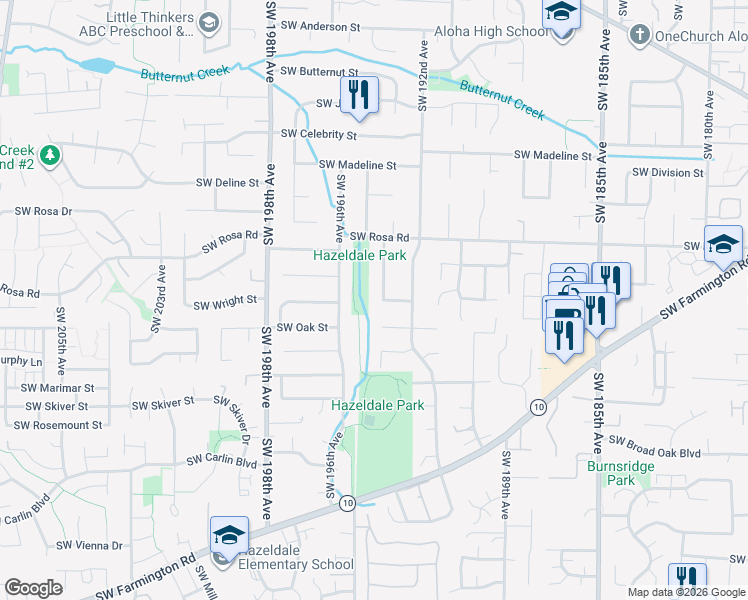 map of restaurants, bars, coffee shops, grocery stores, and more near 5935 Southwest 194th Avenue in Aloha