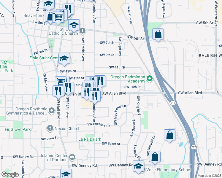 map of restaurants, bars, coffee shops, grocery stores, and more near 11755 Southwest Allen Boulevard in Beaverton