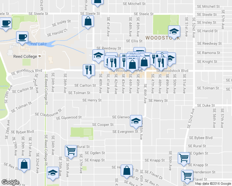 map of restaurants, bars, coffee shops, grocery stores, and more near SE Tolman St & SE 42nd Ave in Portland