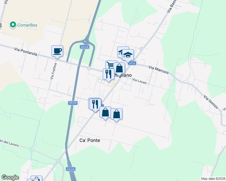map of restaurants, bars, coffee shops, grocery stores, and more near 42 Via Santa Lucia in Campodarsego