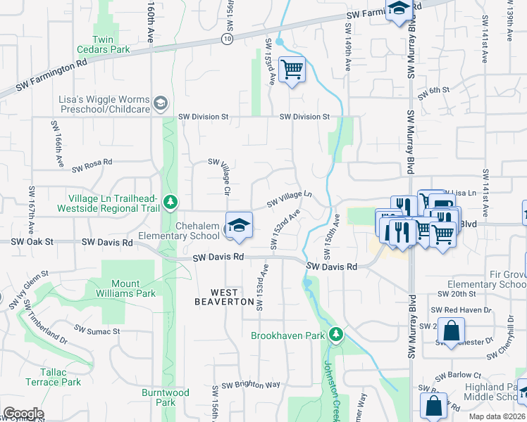 map of restaurants, bars, coffee shops, grocery stores, and more near 15402 Southwest Village Lane in Beaverton