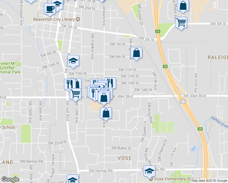 map of restaurants, bars, coffee shops, grocery stores, and more near 11875 Southwest Allen Boulevard in Beaverton