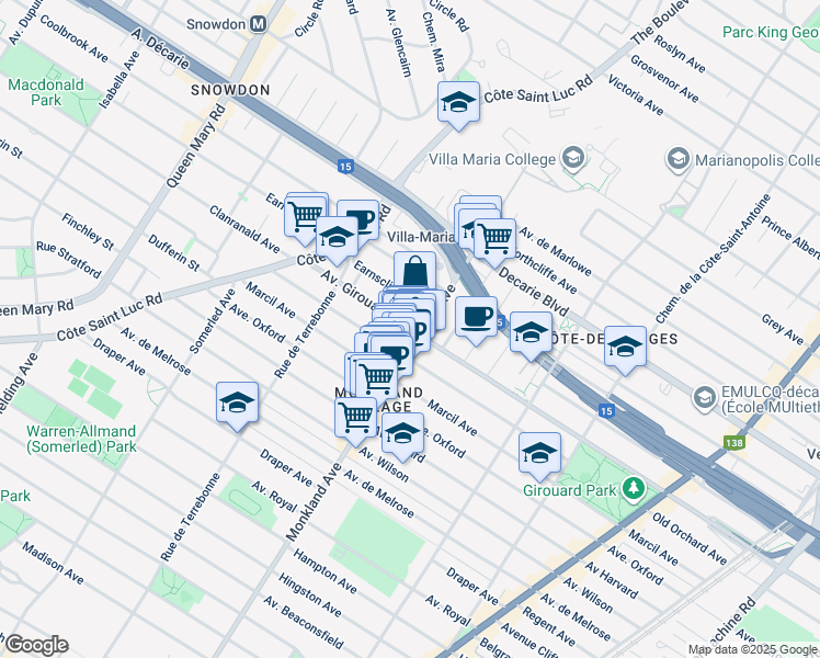 map of restaurants, bars, coffee shops, grocery stores, and more near in Montreal