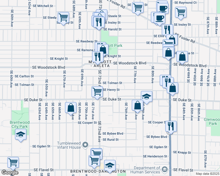 map of restaurants, bars, coffee shops, grocery stores, and more near 7307 Southeast Henry Street in Portland