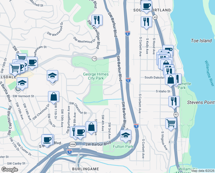 map of restaurants, bars, coffee shops, grocery stores, and more near 6487 Southwest Parkhill Way in Portland