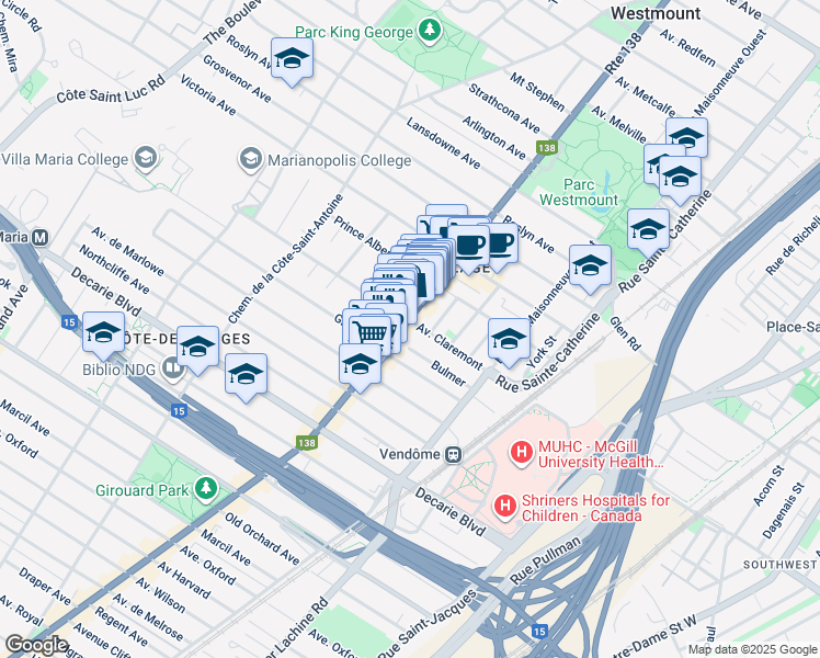 map of restaurants, bars, coffee shops, grocery stores, and more near in Westmount