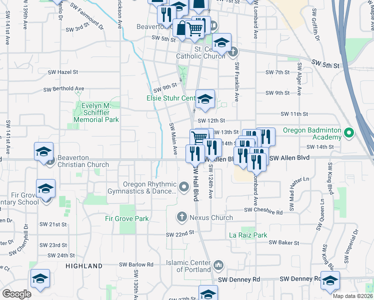 map of restaurants, bars, coffee shops, grocery stores, and more near 12500 Southwest Daly Lane in Beaverton