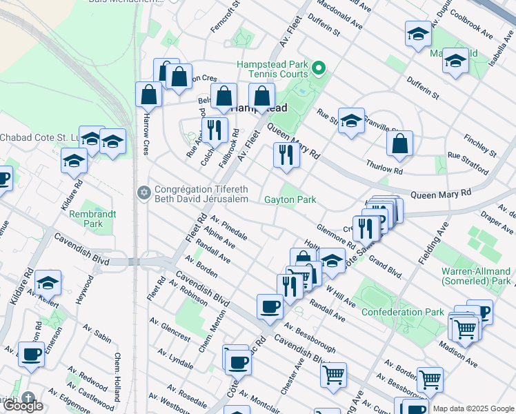 map of restaurants, bars, coffee shops, grocery stores, and more near 52 Glenmore Rd in Hampstead