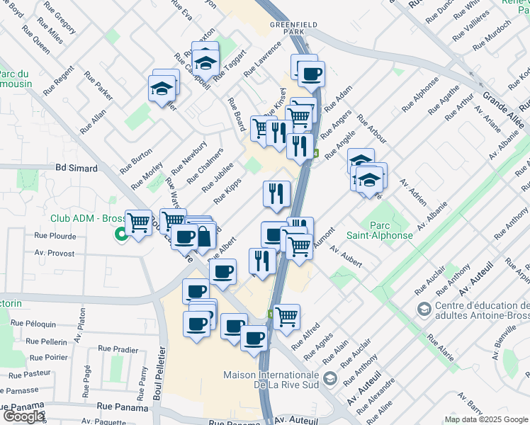 map of restaurants, bars, coffee shops, grocery stores, and more near 1777 Rue Albert in Brossard
