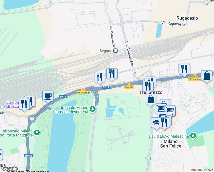 map of restaurants, bars, coffee shops, grocery stores, and more near 13 Via Rivoltana in Novegro-Tregarezzo
