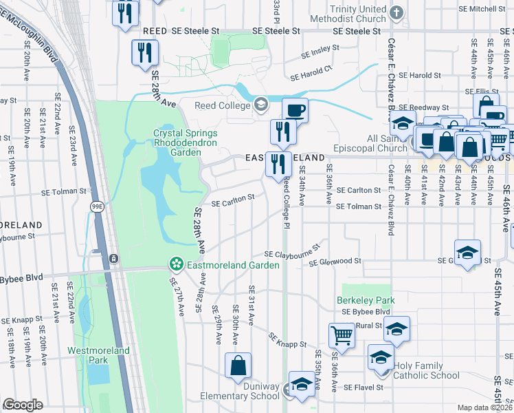 map of restaurants, bars, coffee shops, grocery stores, and more near 6224 Southeast 31st Avenue in Portland