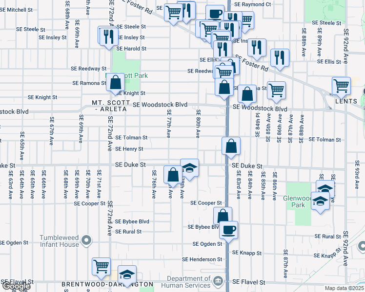 map of restaurants, bars, coffee shops, grocery stores, and more near 7811 Southeast Henry Street in Portland