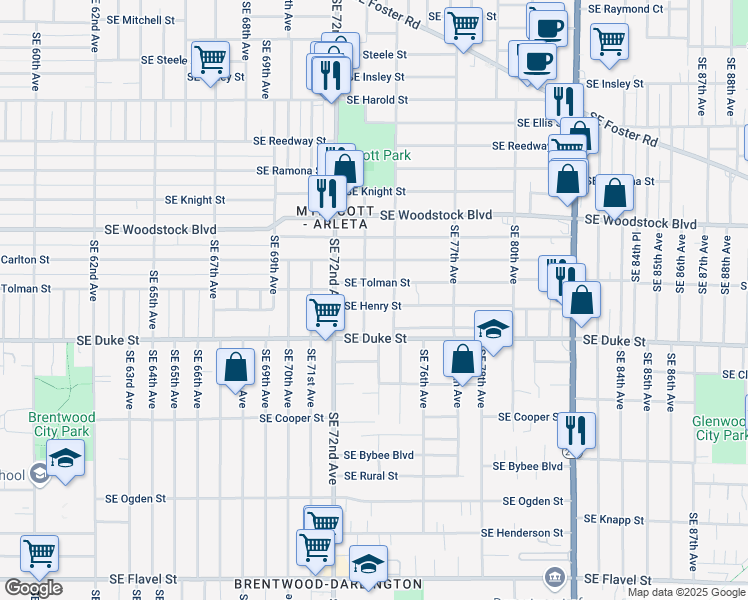 map of restaurants, bars, coffee shops, grocery stores, and more near 7317 Southeast Henry Street in Portland