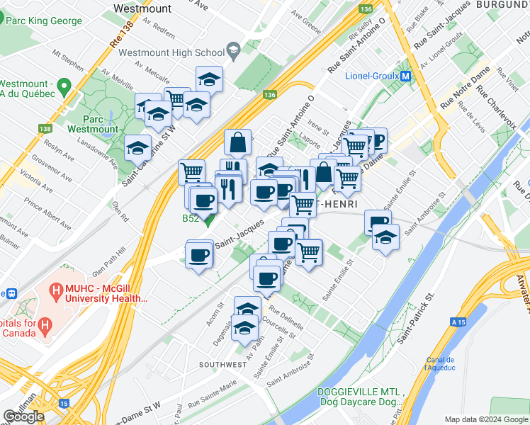 map of restaurants, bars, coffee shops, grocery stores, and more near 711 Rue Saint-Philippe in Montréal