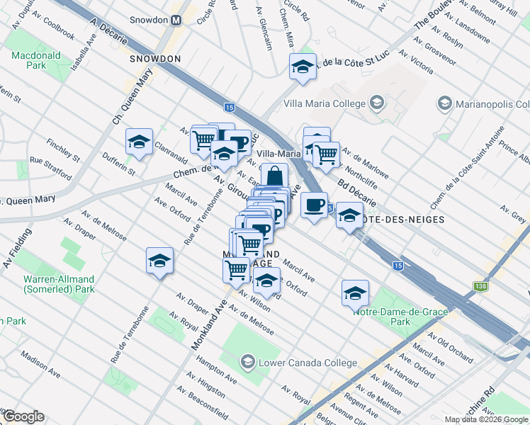 map of restaurants, bars, coffee shops, grocery stores, and more near 4332 Avenue Girouard in Montréal