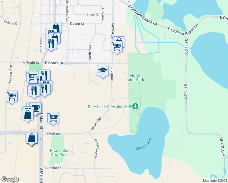 map of restaurants, bars, coffee shops, grocery stores, and more near 602 Jupiter Court in Rice Lake
