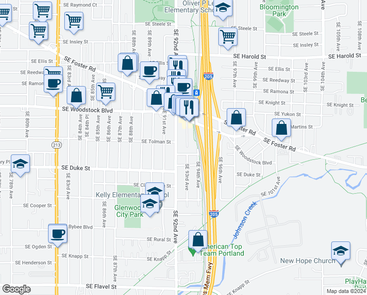 map of restaurants, bars, coffee shops, grocery stores, and more near 6325 Southeast 93rd Avenue in Portland