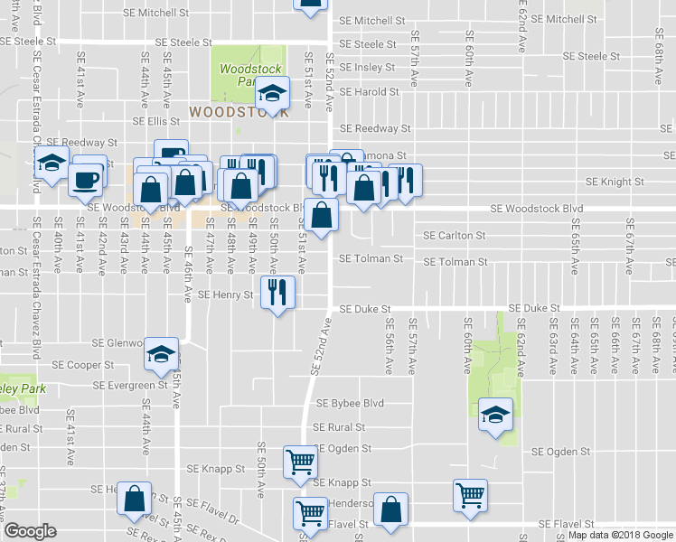 map of restaurants, bars, coffee shops, grocery stores, and more near 6320 Southeast 52nd Avenue in Portland