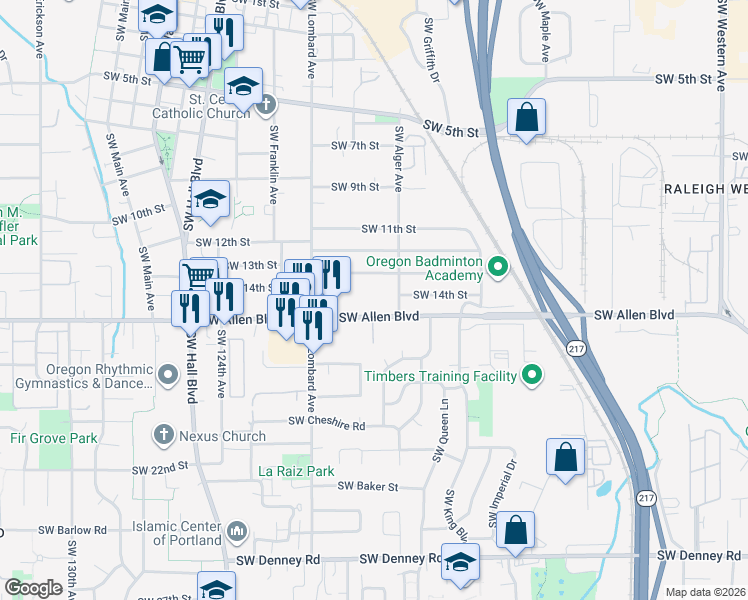 map of restaurants, bars, coffee shops, grocery stores, and more near 11655 Southwest Allen Boulevard in Beaverton