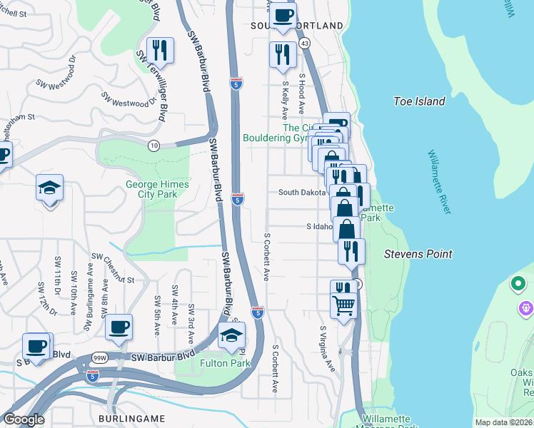 map of restaurants, bars, coffee shops, grocery stores, and more near 6515 South Corbett Avenue in Portland