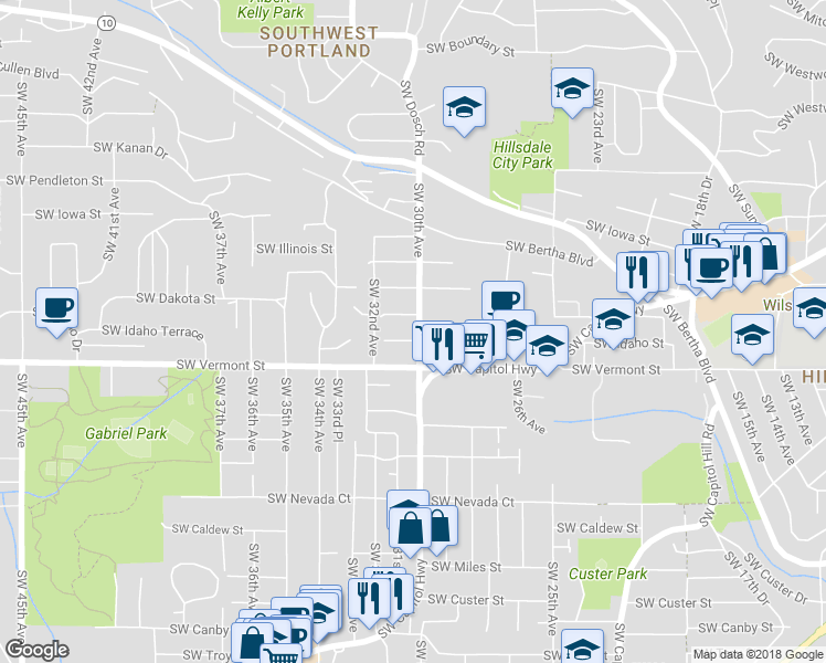 map of restaurants, bars, coffee shops, grocery stores, and more near 3007 Southwest Idaho Street in Portland