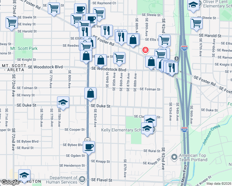 map of restaurants, bars, coffee shops, grocery stores, and more near 6329 Southeast 85th Avenue in Portland