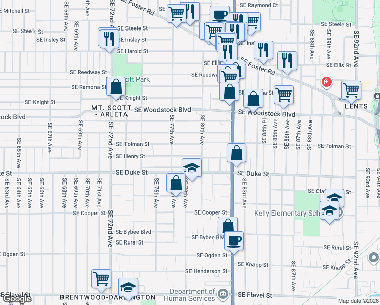 map of restaurants, bars, coffee shops, grocery stores, and more near 7811 Southeast Henry Street in Portland