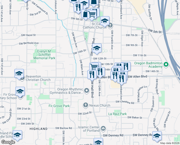 map of restaurants, bars, coffee shops, grocery stores, and more near 12500 Southwest Daly Lane in Beaverton