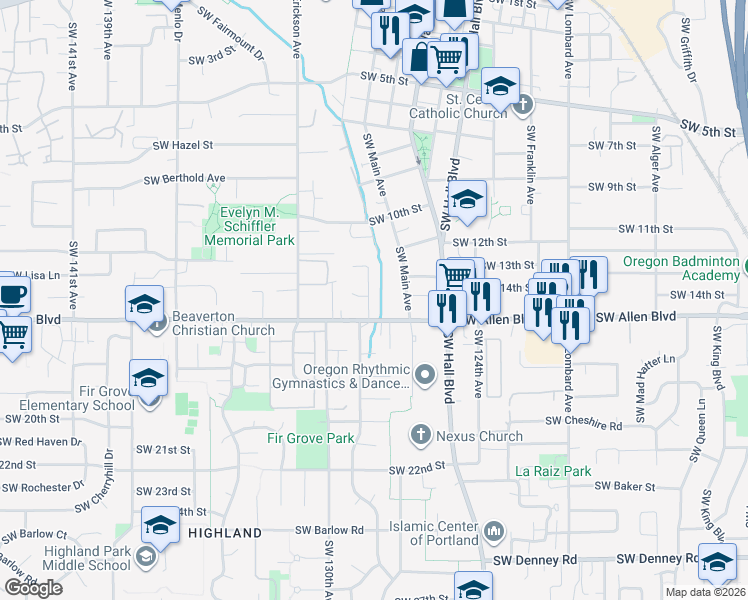 map of restaurants, bars, coffee shops, grocery stores, and more near 5925 Southwest Main Avenue in Beaverton