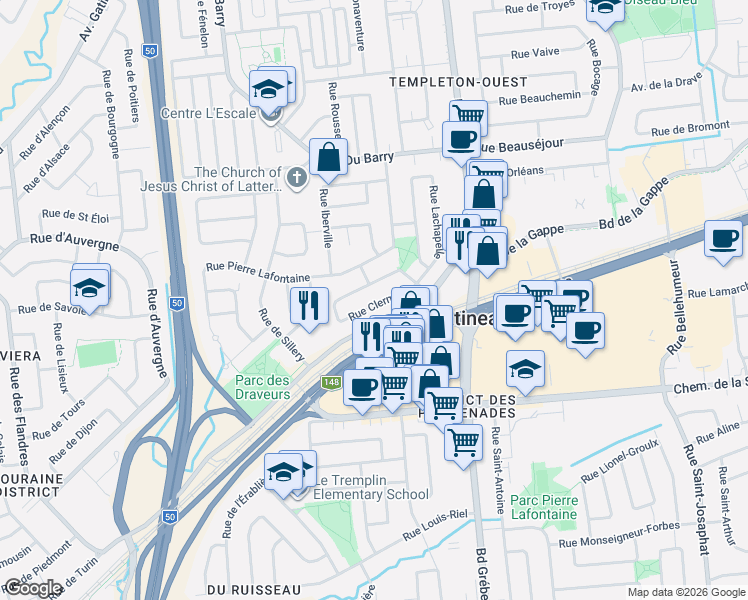 map of restaurants, bars, coffee shops, grocery stores, and more near 91 Rue Clermont in Gatineau