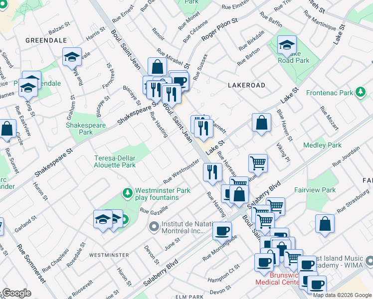 map of restaurants, bars, coffee shops, grocery stores, and more near 57 Rue Hasting in Dollard-des-Ormeaux