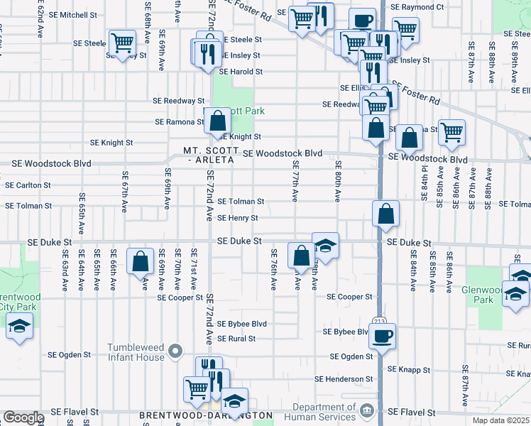 map of restaurants, bars, coffee shops, grocery stores, and more near 7439 Southeast Henry Street in Portland