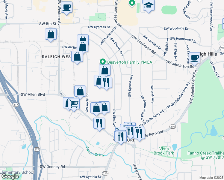 map of restaurants, bars, coffee shops, grocery stores, and more near 5955 Southwest Elm Avenue in Beaverton
